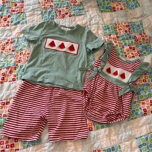 Marie Nicole Smocked Watermelon-Striped Brother/Sister Matching Set- Mint & Red